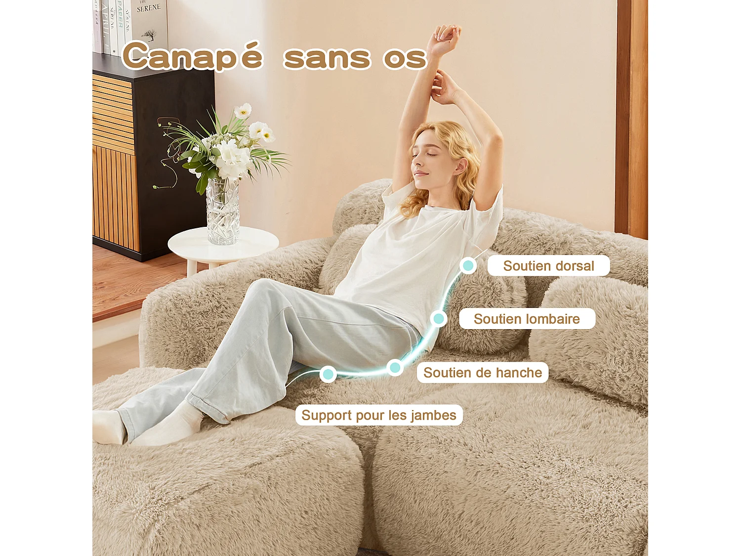 Canapé d'angle Modulable en Forme de U, en tissu peluche, avec 2 pouf et 4 coussins, 378x179x73cm, Kaki