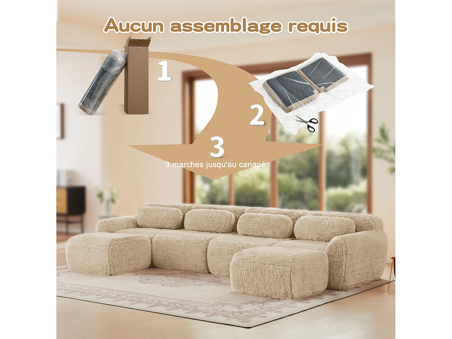 Canapé d'angle Modulable en Forme de U, en tissu peluche, avec 2 pouf et 4 coussins, 378x179x73cm, Kaki