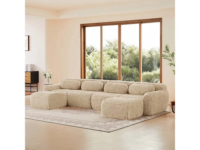 Canapé d'angle Modulable en Forme de U, en tissu peluche, avec 2 pouf et 4 coussins, 378x179x73cm, Kaki