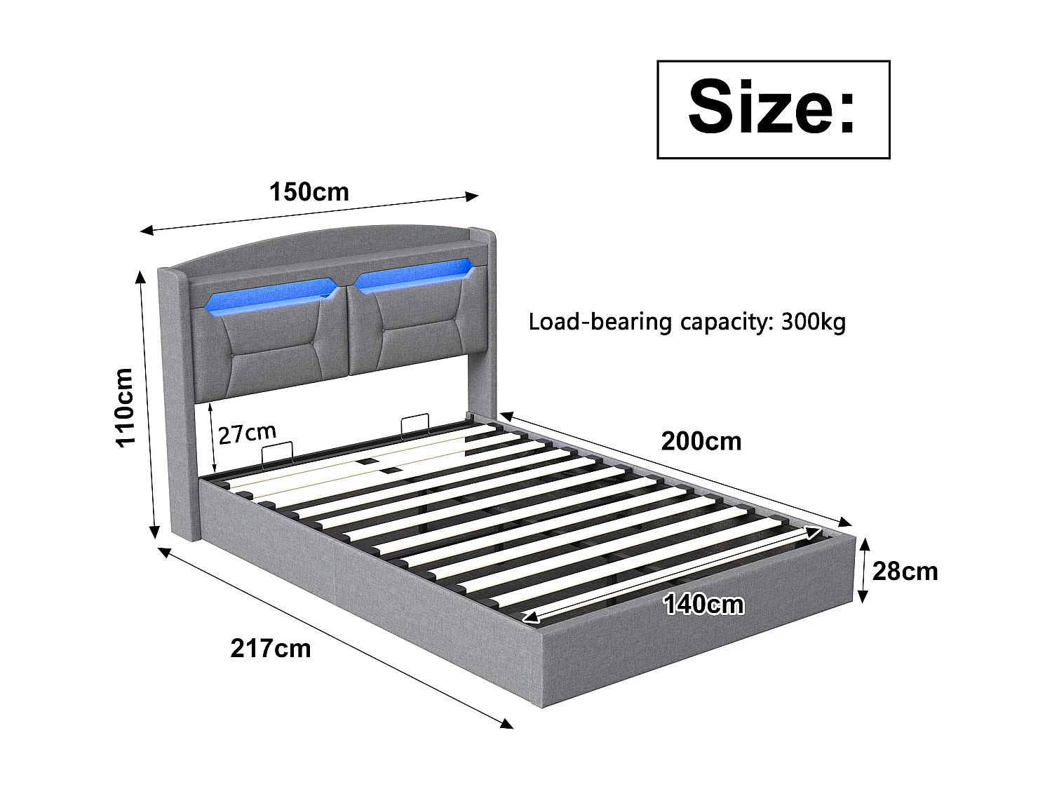 140 x 200 cm Bett mit Stauraum, multifunktionalem Kopfteil und RGB-LED-Beleuchtung – hellgrauer Stoff, großer Stauraum