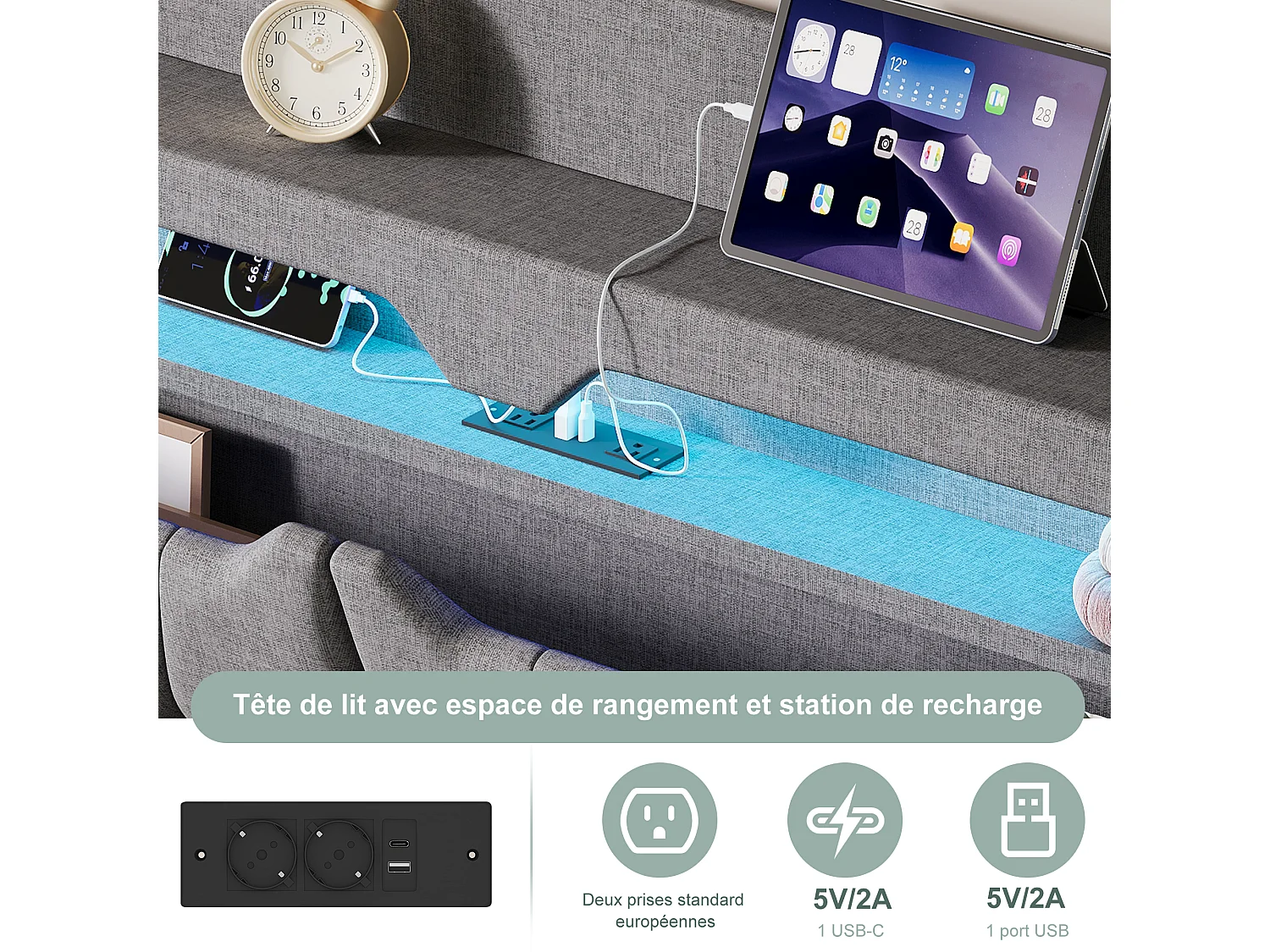 140 x 200 cm Bett mit Stauraum, multifunktionalem Kopfteil und RGB-LED-Beleuchtung – hellgrauer Stoff, großer Stauraum