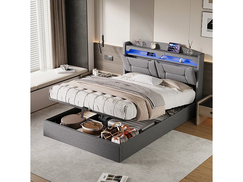 Lit Coffre 140x200 cm avec Tête de Lit Multifonctionnelle et Éclairage LED RGB - Tissu Gris Clair, Grand Espace de Rangement