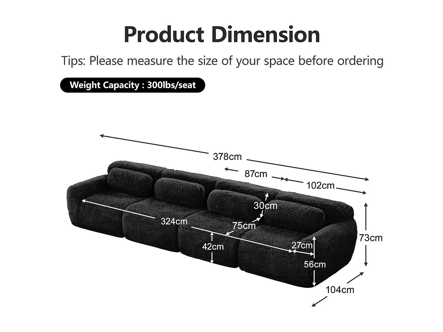 Canapé 4 places Modulable en tissu peluche, avec 4 coussins, sans cadre, 378x104x73cm, Noir