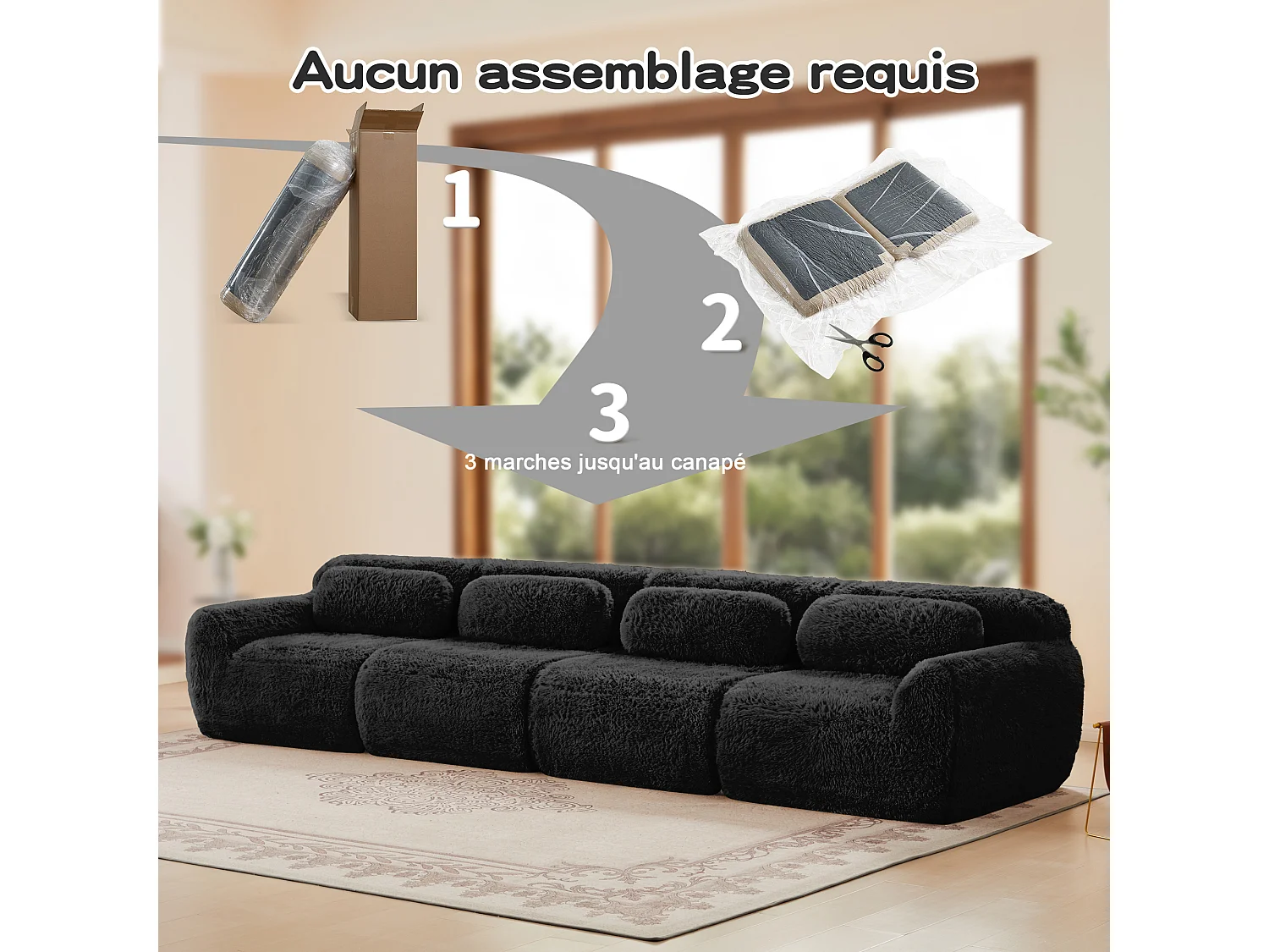Canapé 4 places Modulable en tissu peluche, avec 4 coussins, sans cadre, 378x104x73cm, Noir