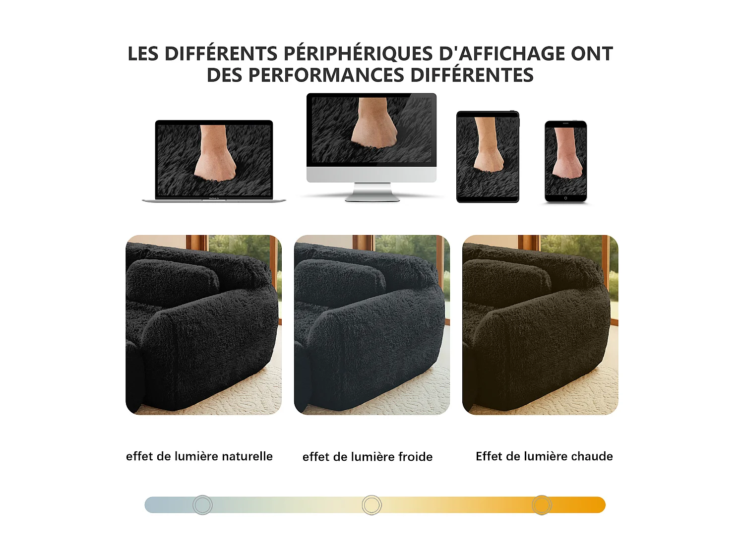 Canapé 4 places Modulable en tissu peluche, avec 4 coussins, sans cadre, 378x104x73cm, Noir