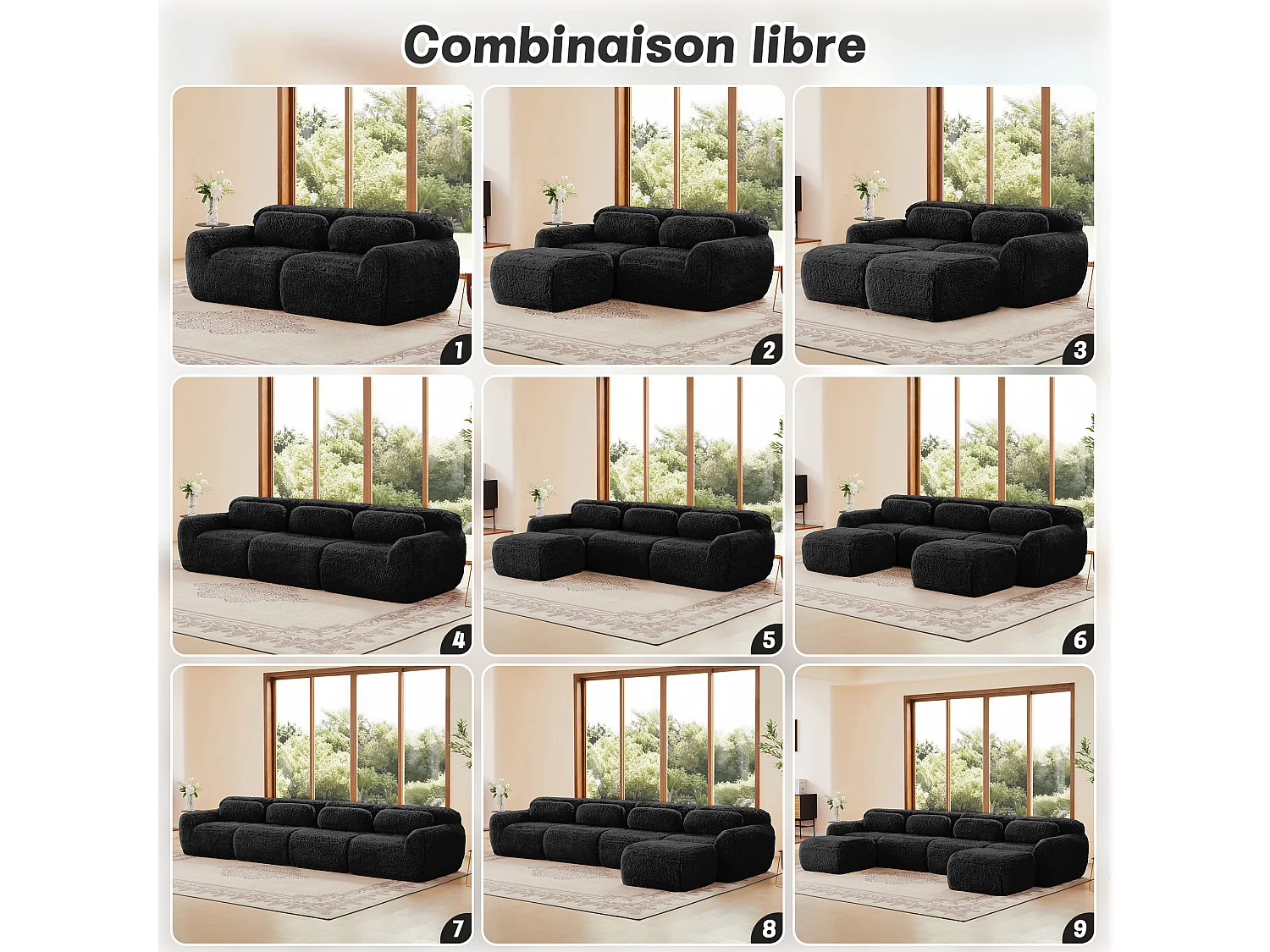 Canapé 4 places Modulable en tissu peluche, avec 4 coussins, sans cadre, 378x104x73cm, Noir