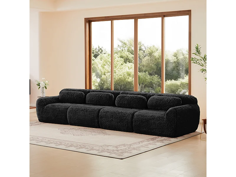 Modulaire Bank 4-zits in pluche stof, met 4 kussens, zonder frame, 378x104x73cm, Zwart