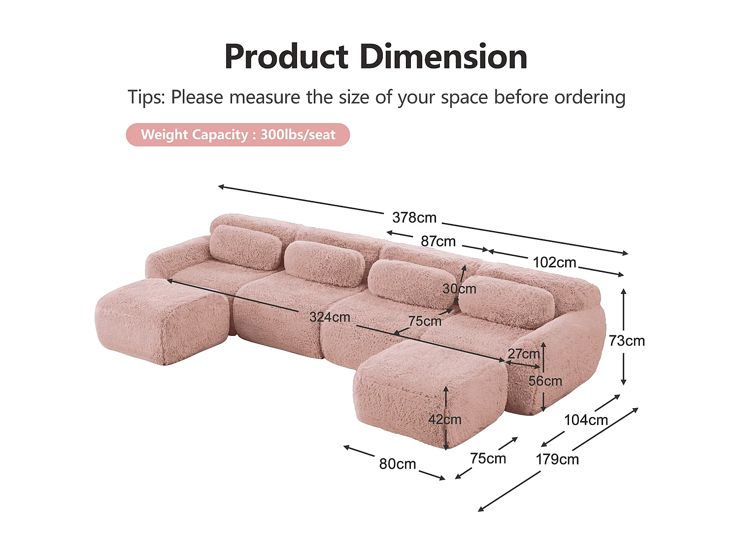 Modulaire U-vormige Hoekbank in pluche stof, met 2 poefs en 4 kussens, 378x179x73cm, Roze