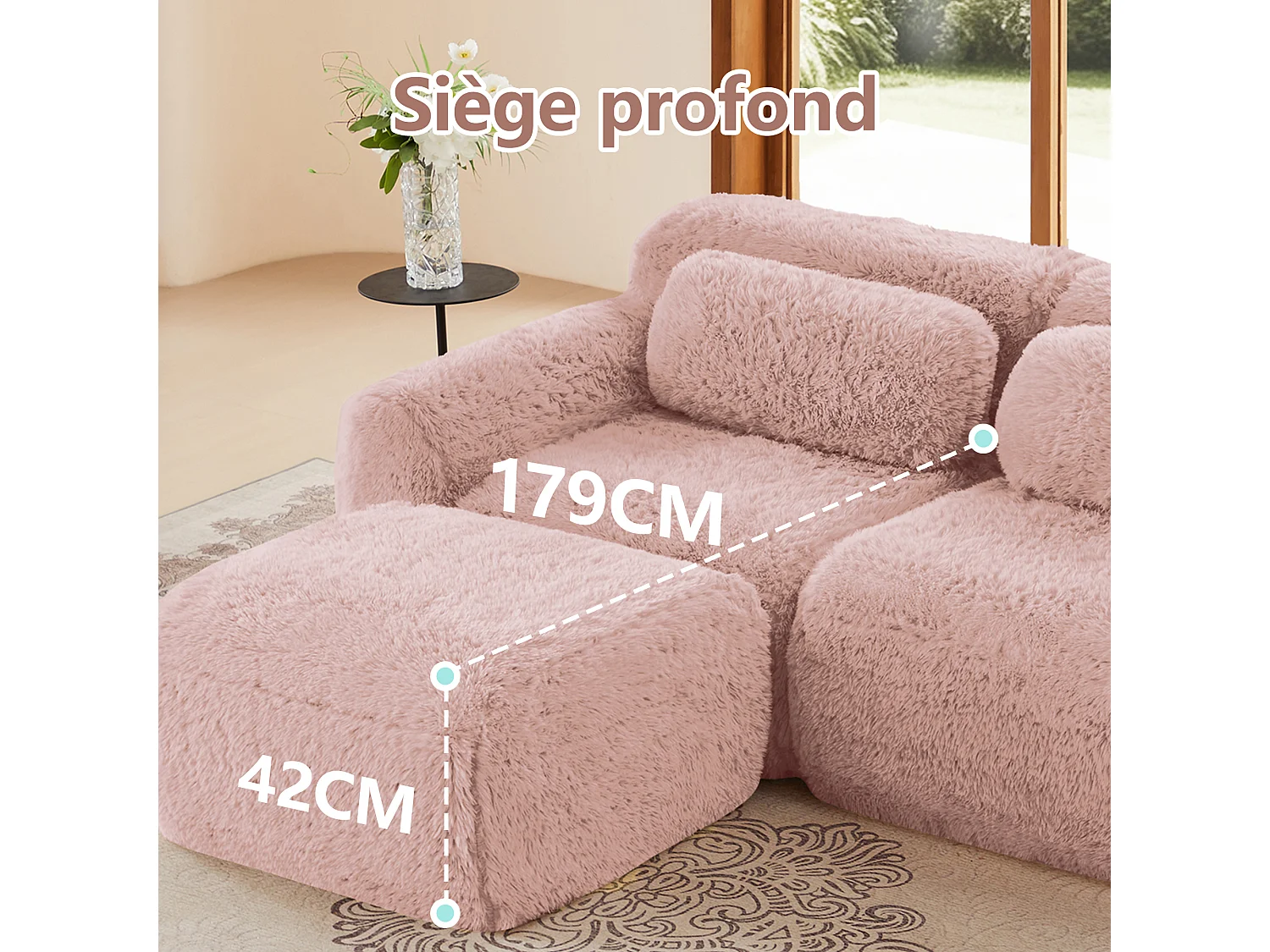 Modulaire U-vormige Hoekbank in pluche stof, met 2 poefs en 4 kussens, 378x179x73cm, Roze