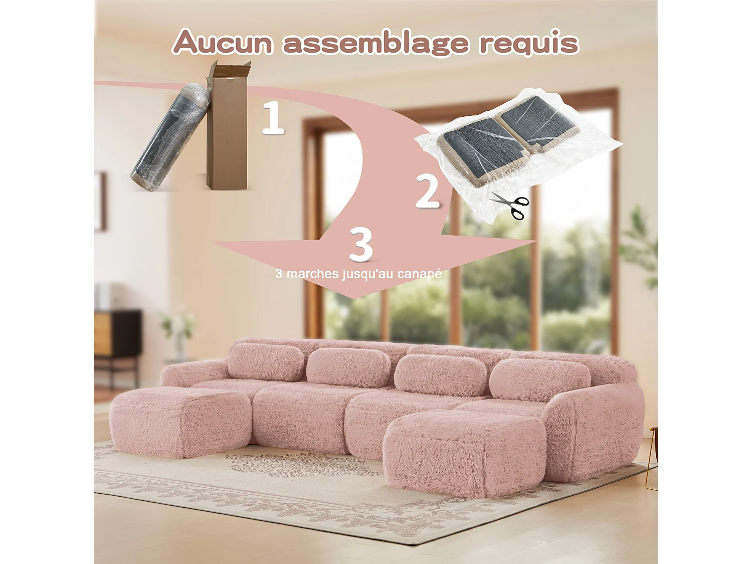 Modulaire U-vormige Hoekbank in pluche stof, met 2 poefs en 4 kussens, 378x179x73cm, Roze
