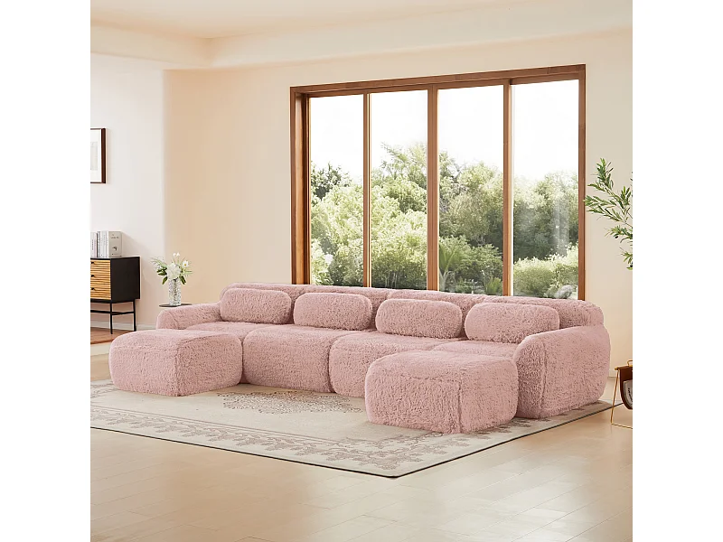 Modulaire U-vormige Hoekbank in pluche stof, met 2 poefs en 4 kussens, 378x179x73cm, Roze