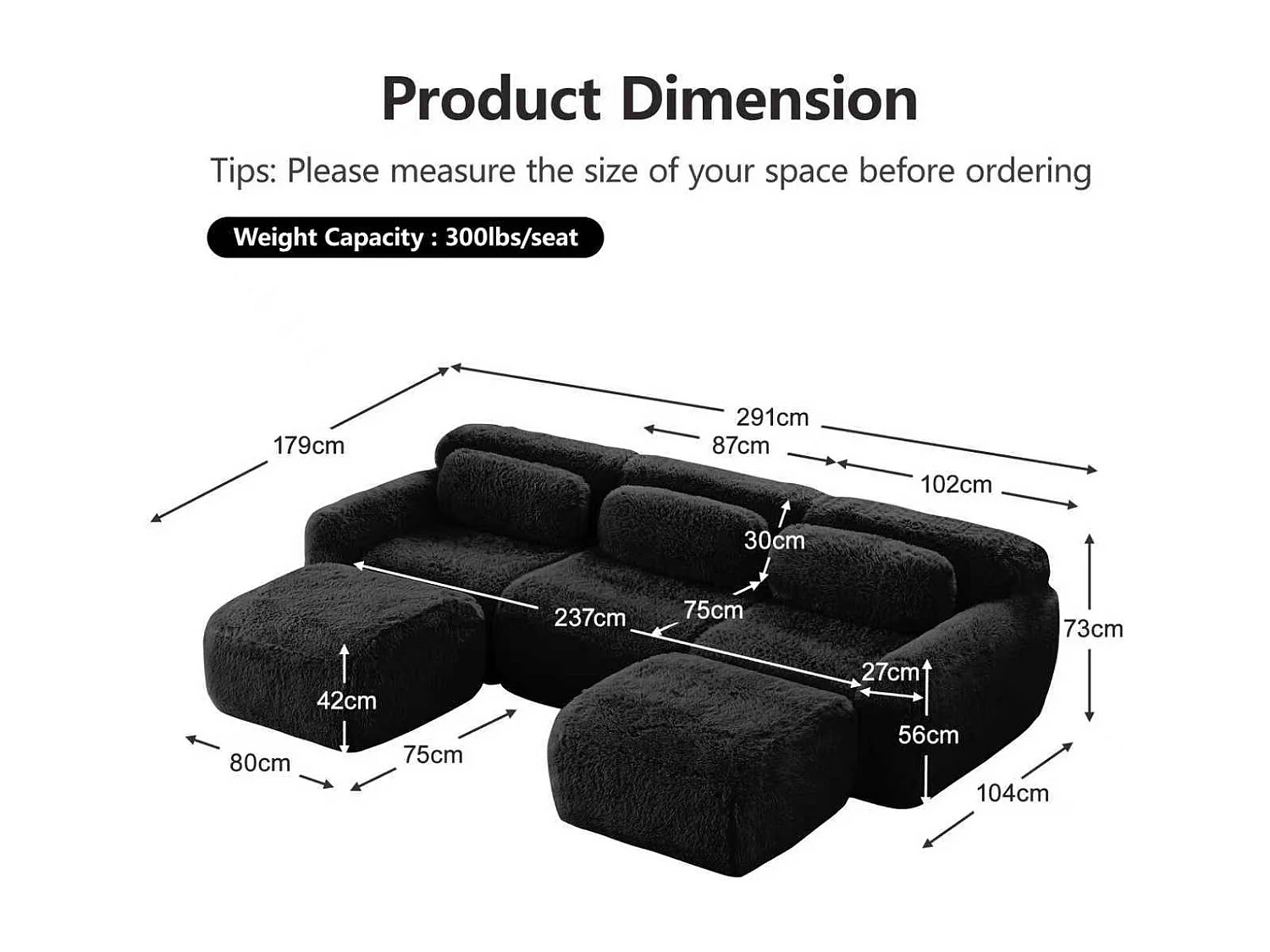 Modulaire Hoekbank in pluche stof, met 2 poefs en 3 kussens, 291x179x73cm, Zwart