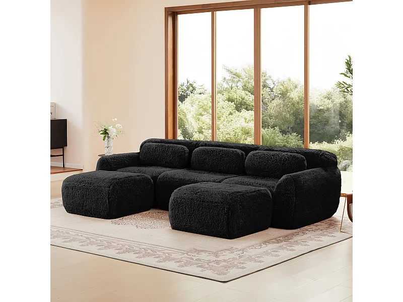 Canapé d'angle Modulable en tissu peluche, avec 2 pouf et 3 coussins, 291x179x73cm, Noir
