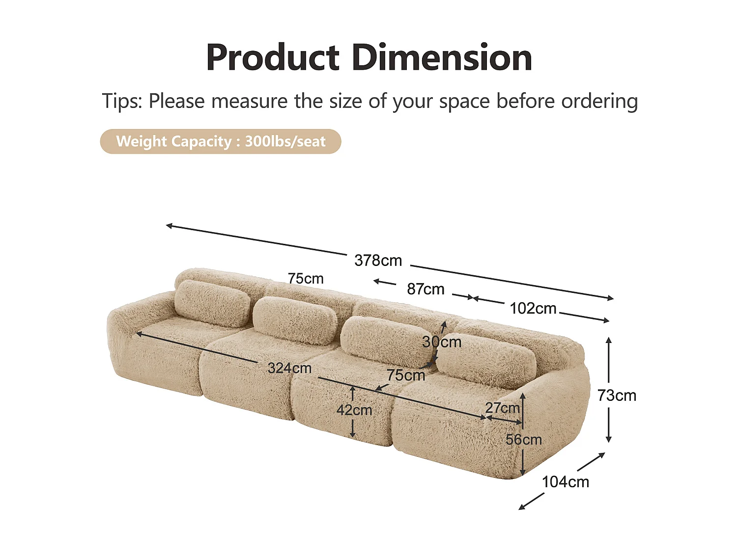 Canapé 4 places Modulable en tissu peluche, avec 4 coussins, sans cadre, 378x104x73cm, Kaki