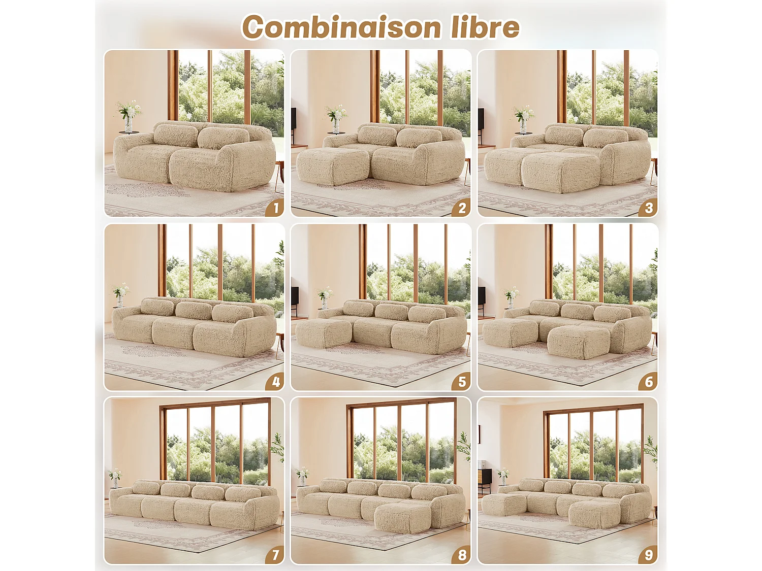 Canapé 4 places Modulable en tissu peluche, avec 4 coussins, sans cadre, 378x104x73cm, Kaki