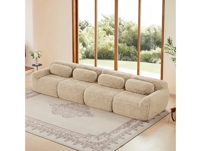 Canapé 4 places Modulable en tissu peluche, avec 4 coussins, sans cadre, 378x104x73cm, Kaki
