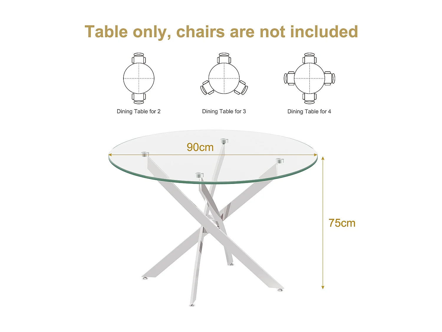 Table à manger ronde 2 à 4 personnes en verre trempé et métal argenté - charge max 100kg - Transparent - 90x90x75cm
