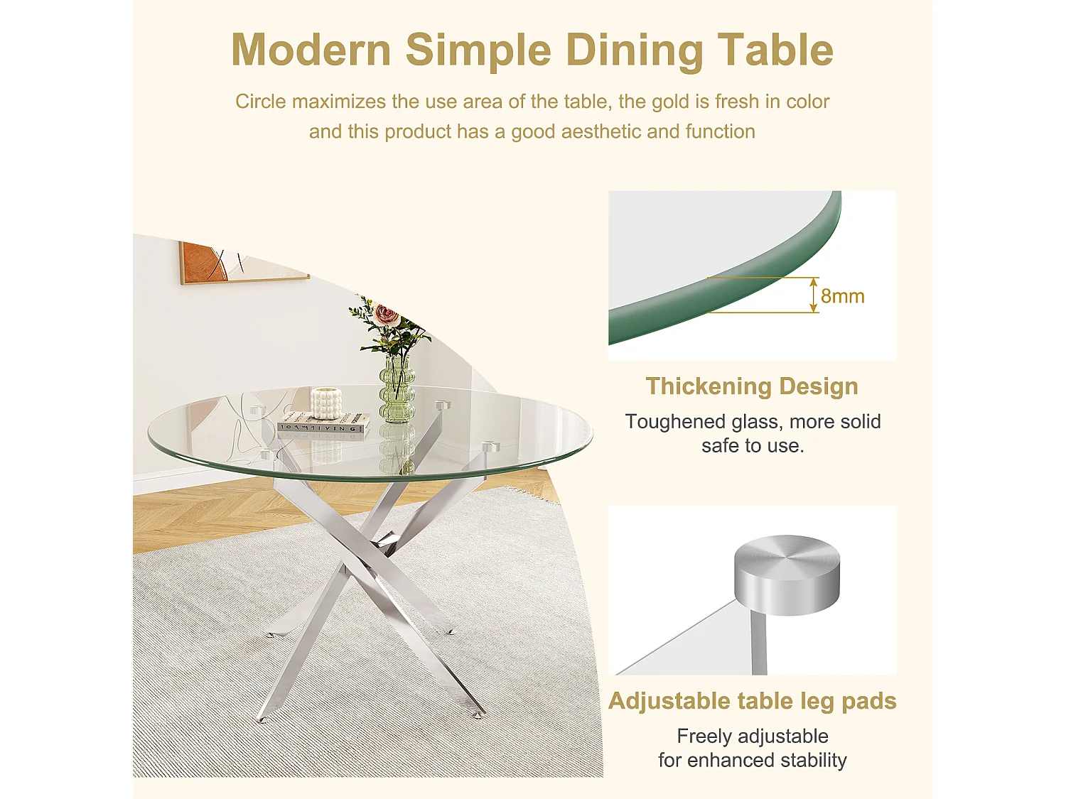 Table à manger ronde 2 à 4 personnes en verre trempé et métal argenté - charge max 100kg - Transparent - 90x90x75cm