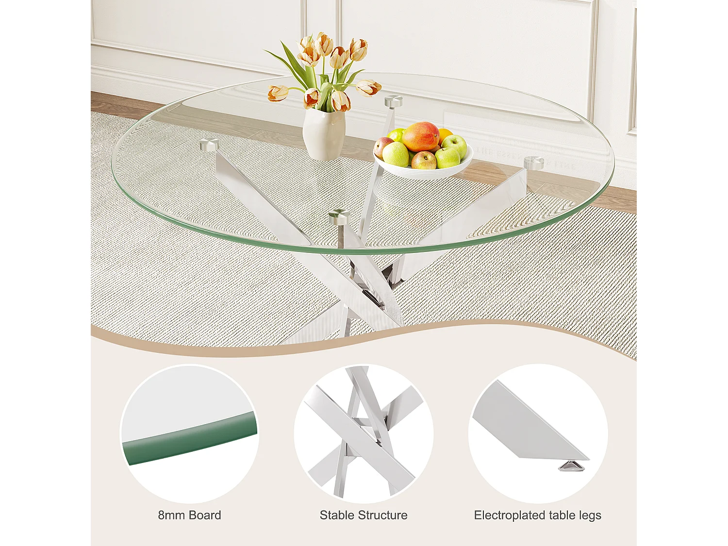 Table à manger ronde 2 à 4 personnes en verre trempé et métal argenté - charge max 100kg - Transparent - 90x90x75cm