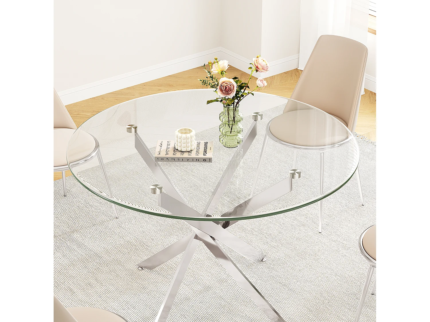 Table à manger ronde 2 à 4 personnes en verre trempé et métal argenté - charge max 100kg - Transparent - 90x90x75cm