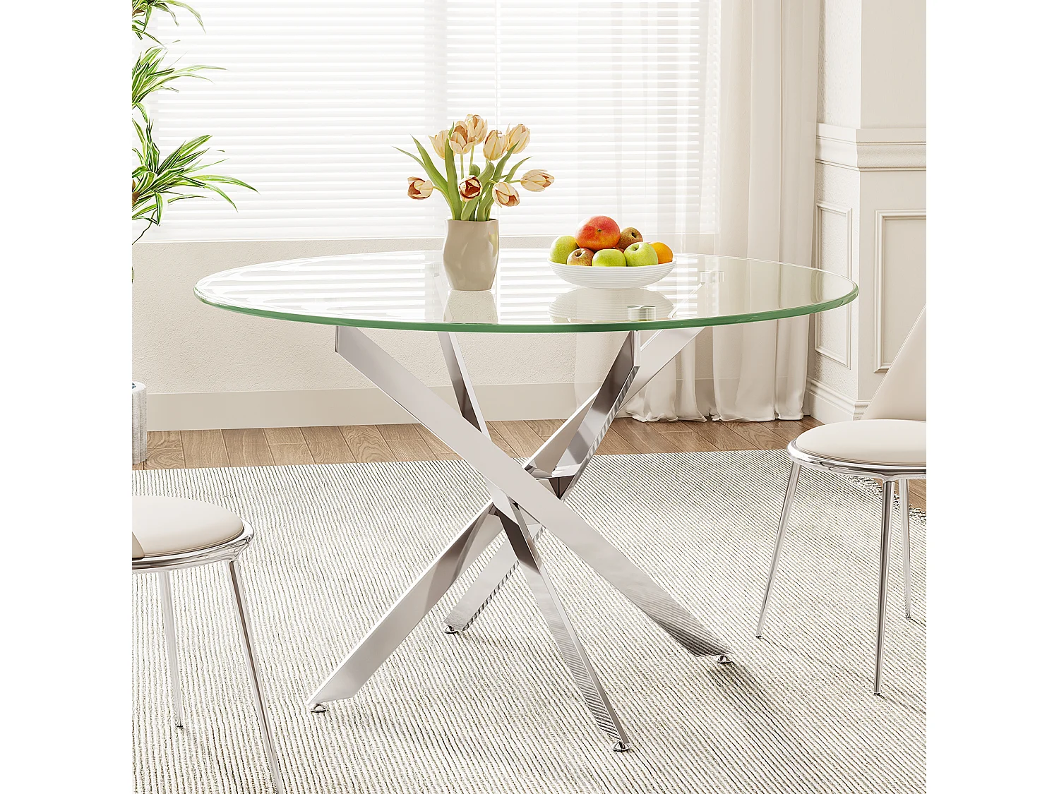 Table à manger ronde 2 à 4 personnes en verre trempé et métal argenté - charge max 100kg - Transparent - 90x90x75cm