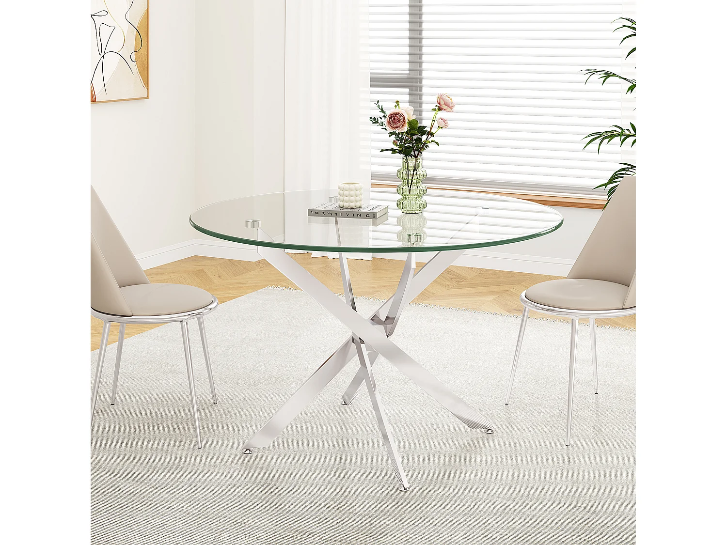 Table à manger ronde 2 à 4 personnes en verre trempé et métal argenté - charge max 100kg - Transparent - 90x90x75cm