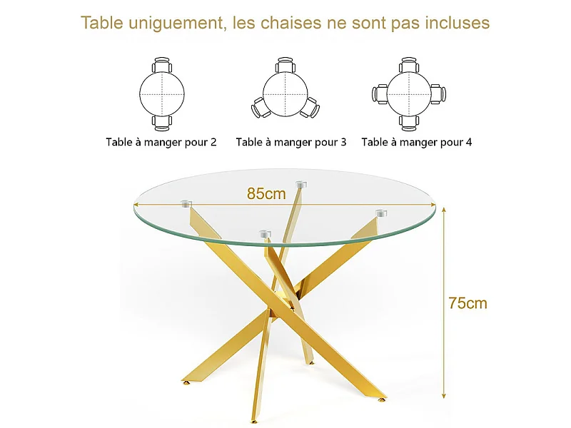 Table à manger ronde 2 à 4 personnes en verre trempé et métal doré - charge max 100kg - Transparent - 85x85x75cm