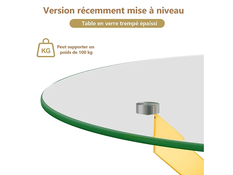Table à manger ronde 2 à 4 personnes en verre trempé et métal doré - charge max 100kg - Transparent - 85x85x75cm