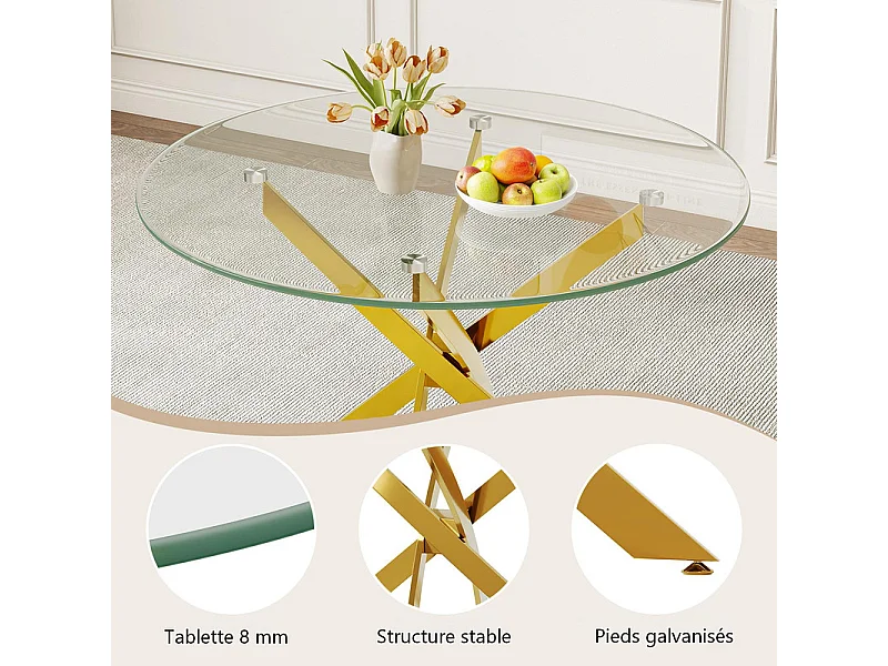 Table à manger ronde 2 à 4 personnes en verre trempé et métal doré - charge max 100kg - Transparent - 85x85x75cm