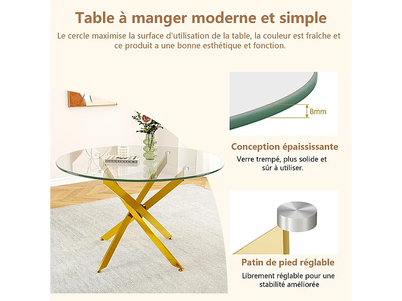 Table à manger ronde 2 à 4 personnes en verre trempé et métal doré - charge max 100kg - Transparent - 85x85x75cm