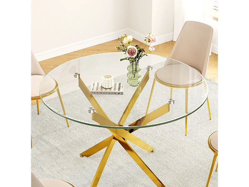 Table à manger ronde 2 à 4 personnes en verre trempé et métal doré - charge max 100kg - Transparent - 85x85x75cm