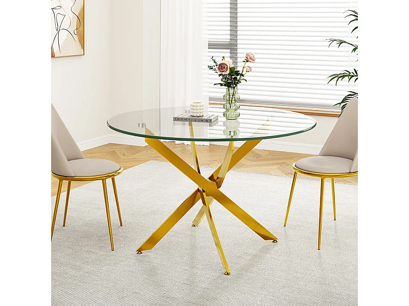 Table à manger ronde 2 à 4 personnes en verre trempé et métal doré - charge max 100kg - Transparent - 85x85x75cm