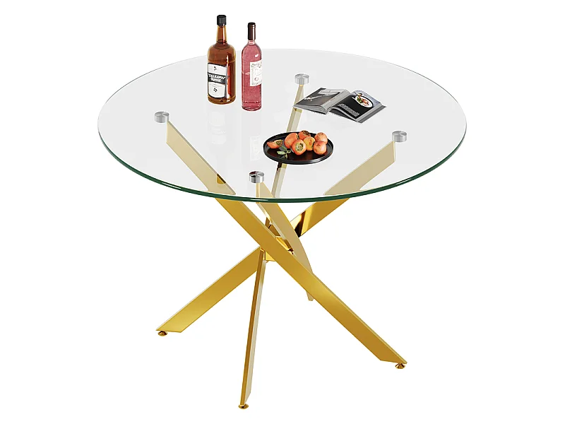 Table à manger ronde 2 à 4 personnes en verre trempé et métal doré - charge max 100kg - Transparent - 85x85x75cm