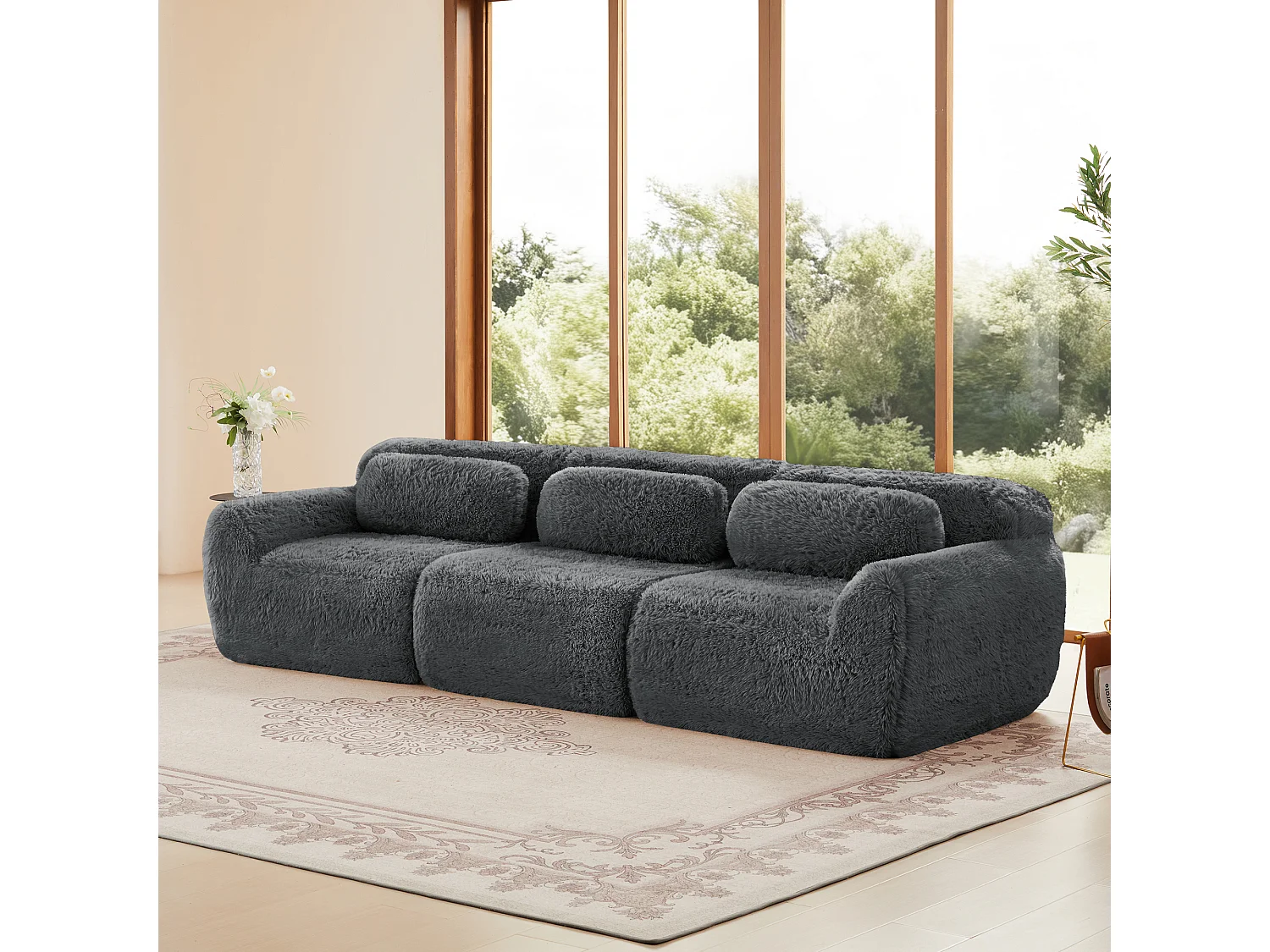 Canapé Modulable 3 places en tissu peluche, avec 3 coussins, sans cadre, 291x104x73cm, Gris