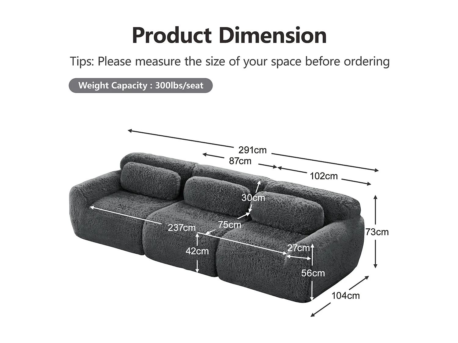 Canapé Modulable 3 places en tissu peluche, avec 3 coussins, sans cadre, 291x104x73cm, Gris