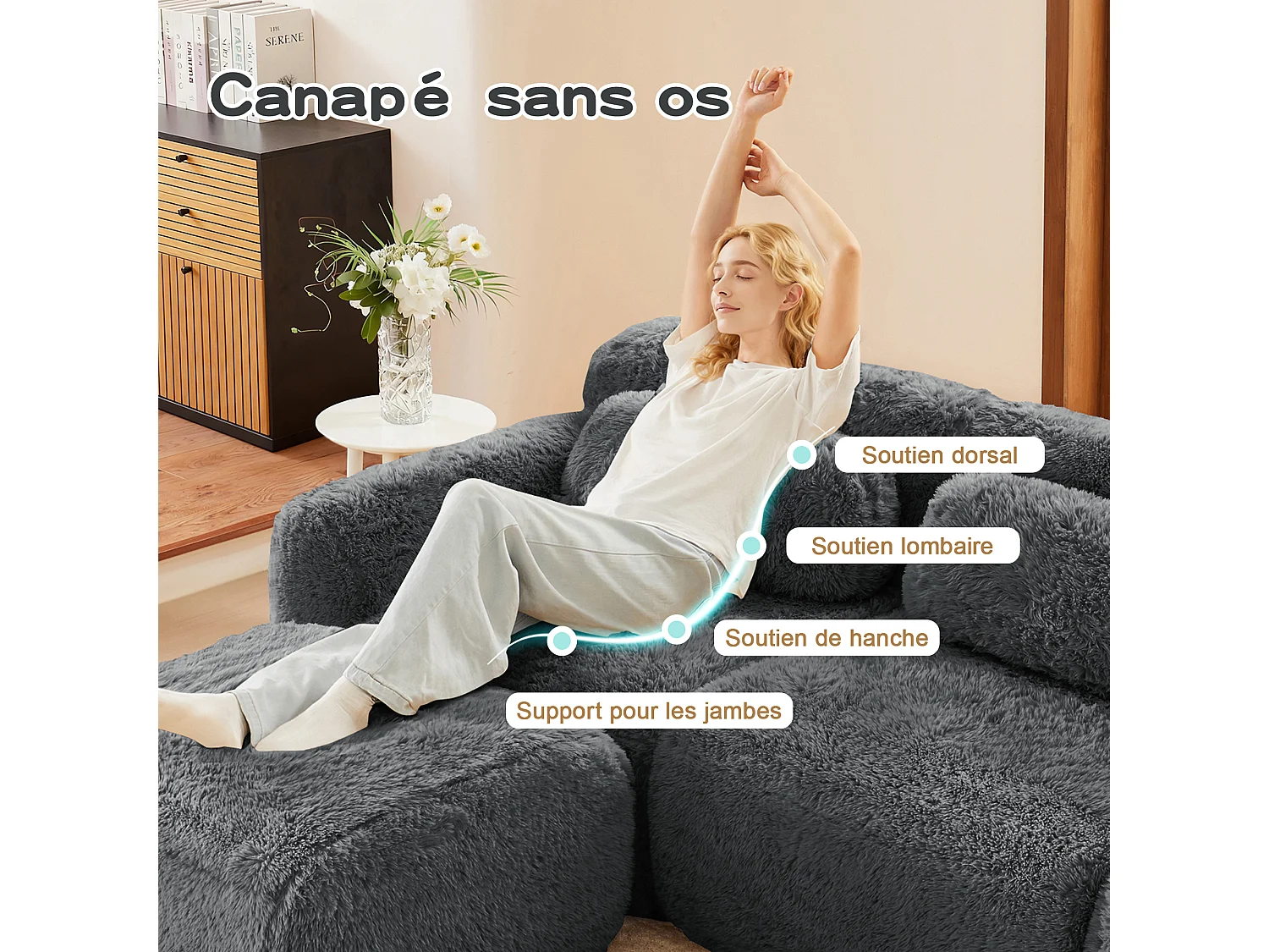 Canapé Modulable 3 places en tissu peluche, avec 3 coussins, sans cadre, 291x104x73cm, Gris