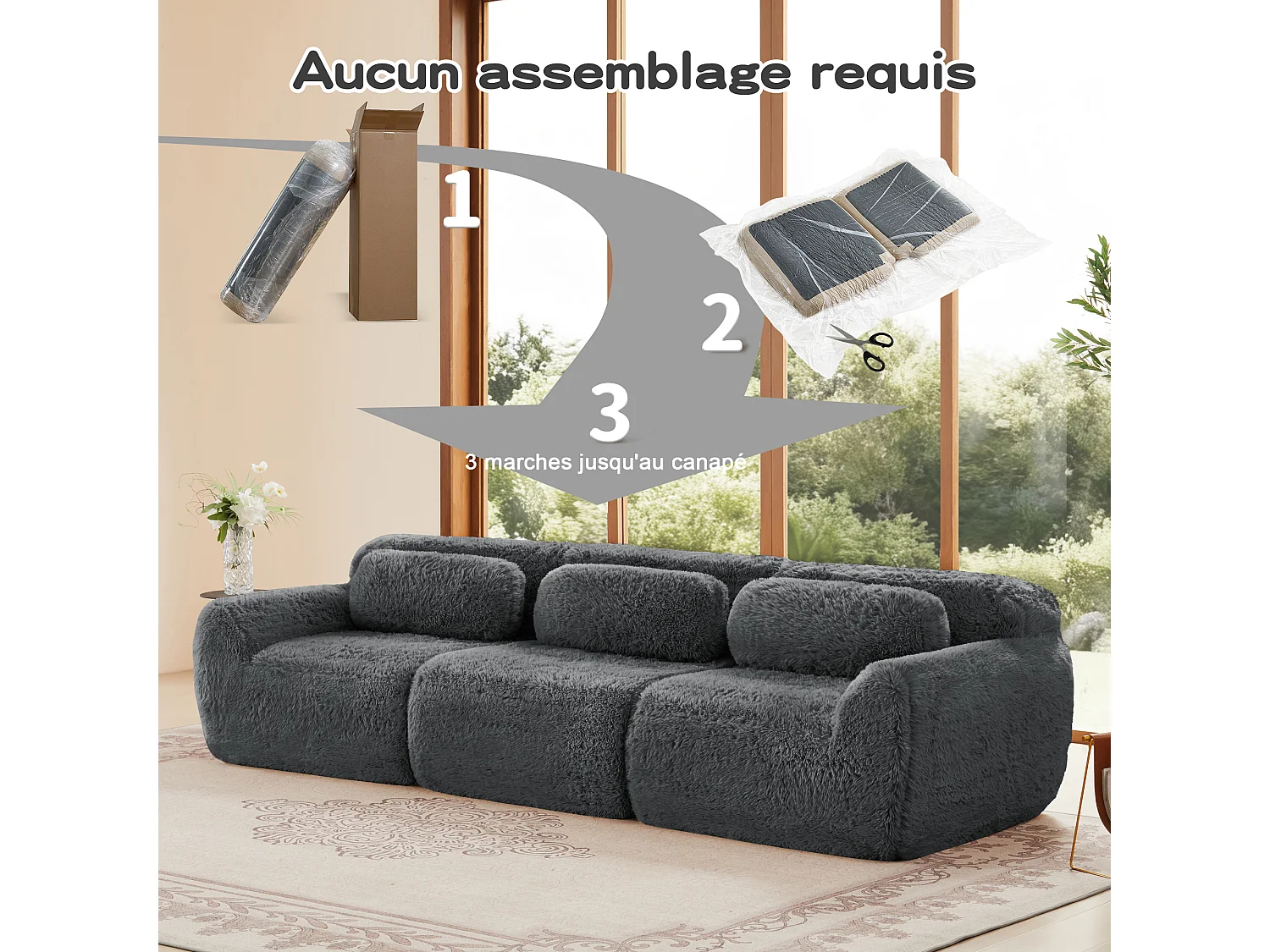 Canapé Modulable 3 places en tissu peluche, avec 3 coussins, sans cadre, 291x104x73cm, Gris