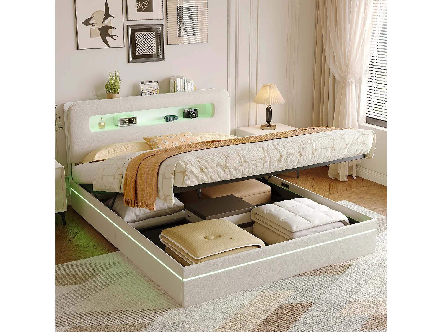 Beige fluwelen bed van 160x200 cm met geïntegreerde ledverlichting, hoofdbord met opbergruimte en hydraulisch systeem.