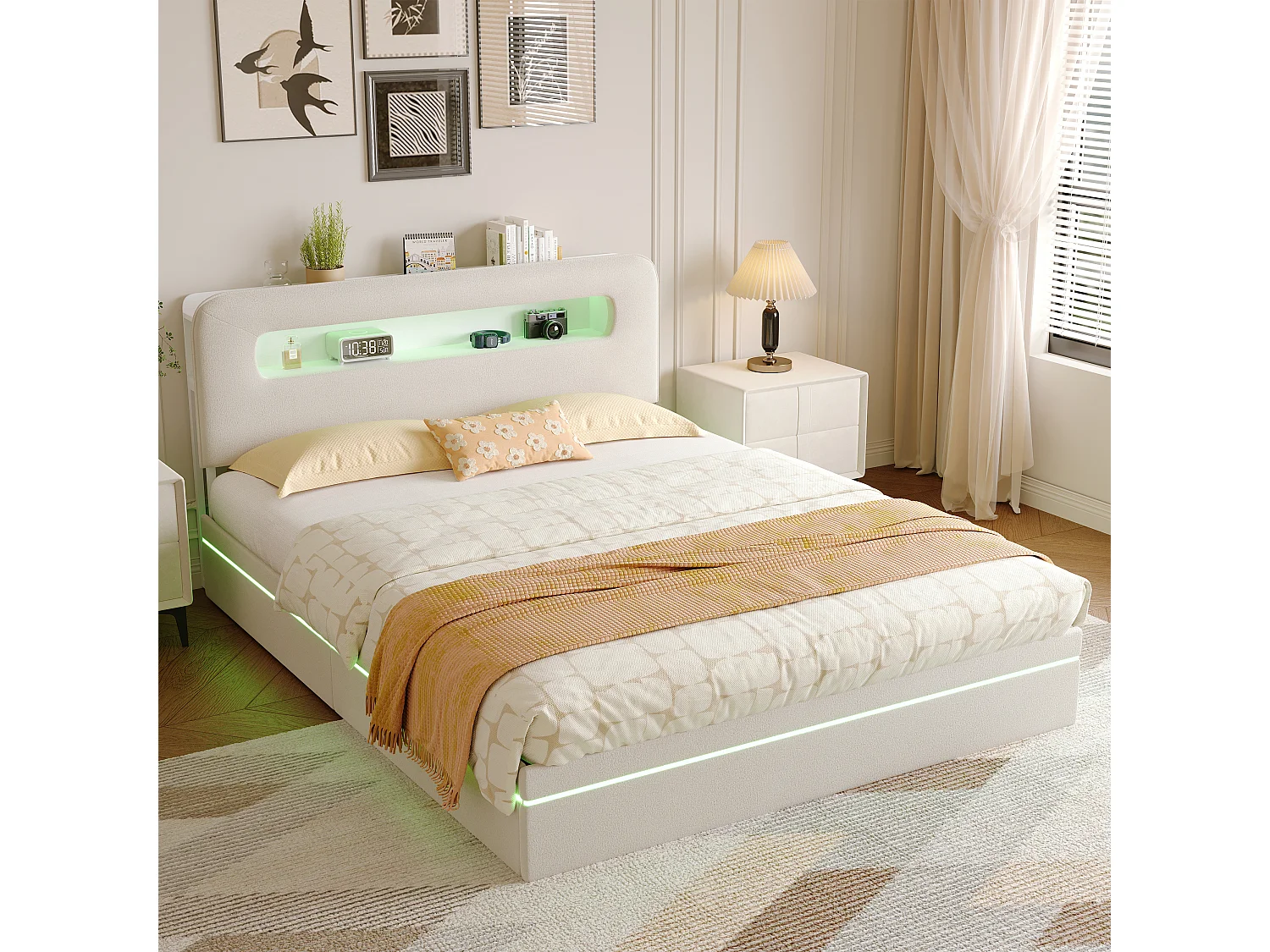 Beige fluwelen bed van 160x200 cm met geïntegreerde ledverlichting, hoofdbord met opbergruimte en hydraulisch systeem.