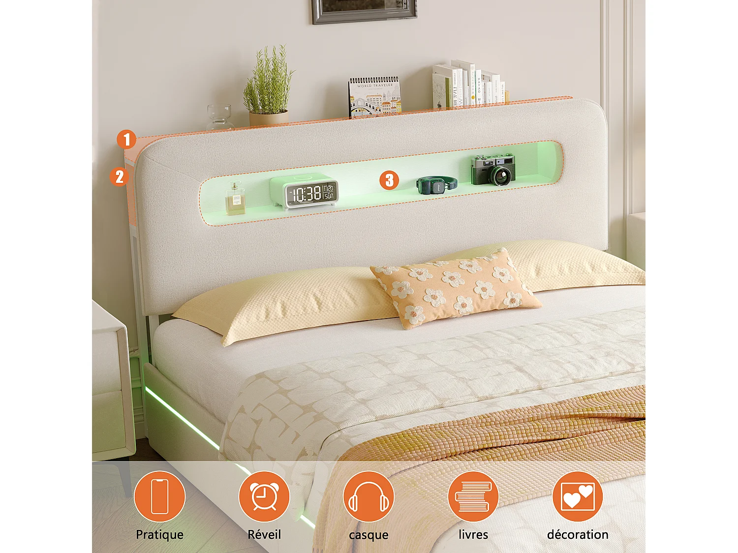 Beige fluwelen bed van 160x200 cm met geïntegreerde ledverlichting, hoofdbord met opbergruimte en hydraulisch systeem.