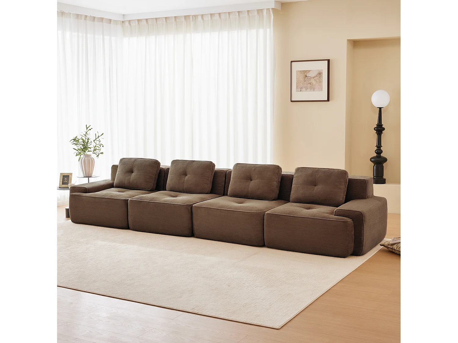 Modulaire Bank 4-zits in Ribfluweel, met 4 kussens, 382x104x69cm, Bruin