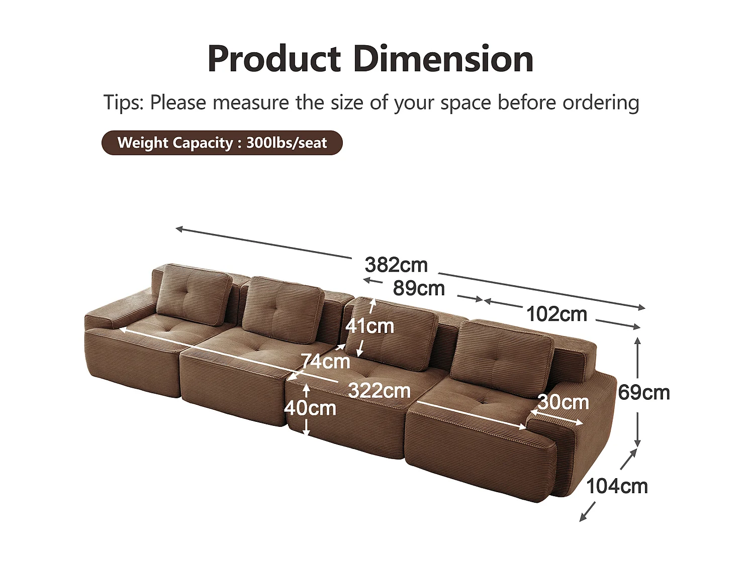 Modulaire Bank 4-zits in Ribfluweel, met 4 kussens, 382x104x69cm, Bruin