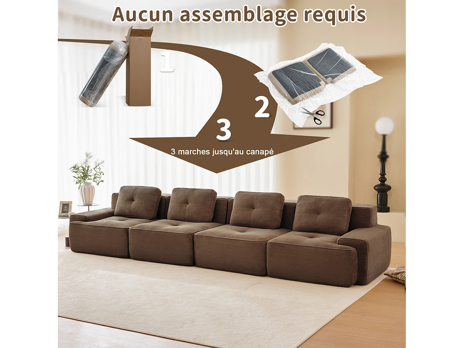 Modulaire Bank 4-zits in Ribfluweel, met 4 kussens, 382x104x69cm, Bruin