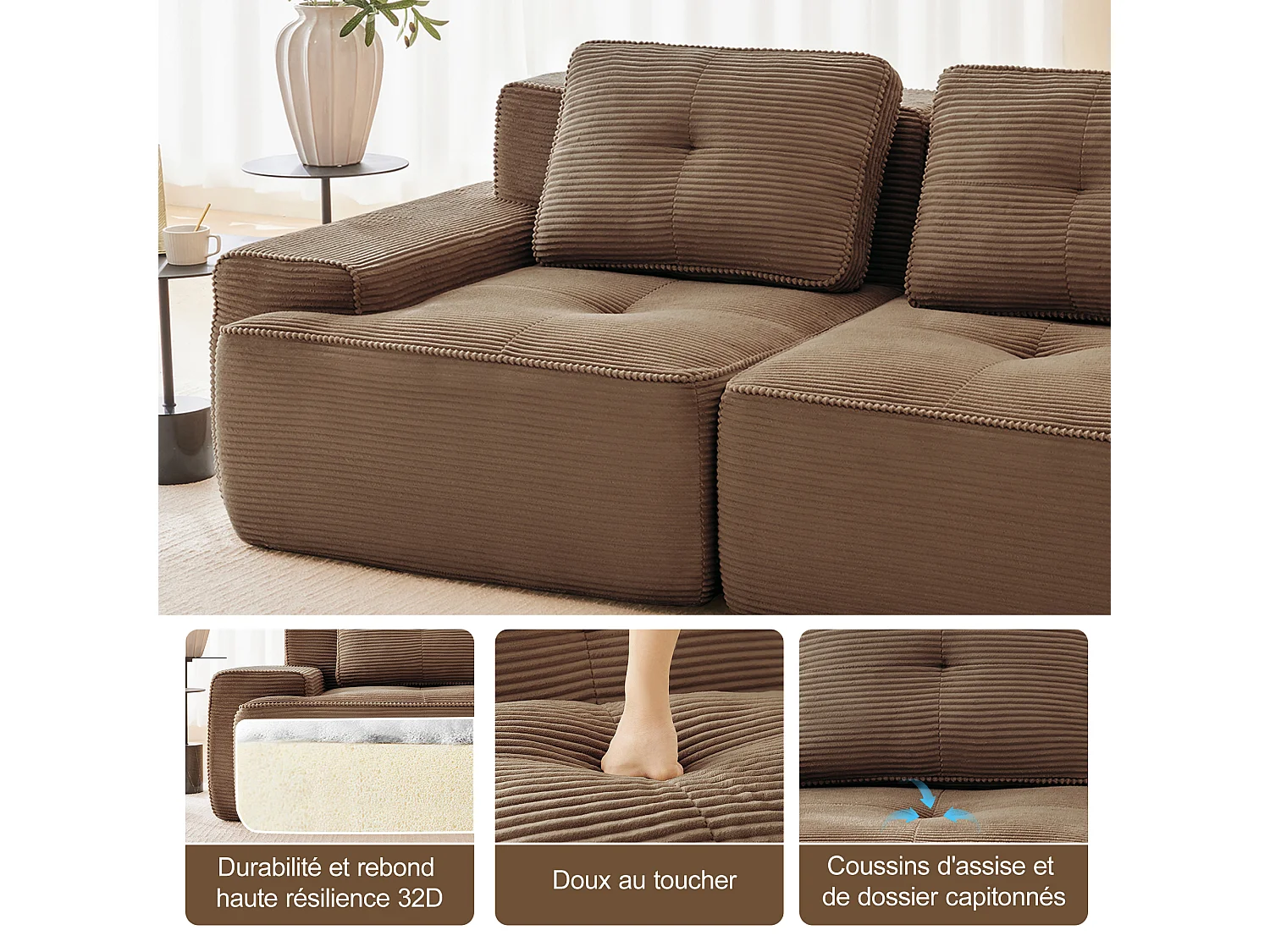 Modulaire Bank 4-zits in Ribfluweel, met 4 kussens, 382x104x69cm, Bruin