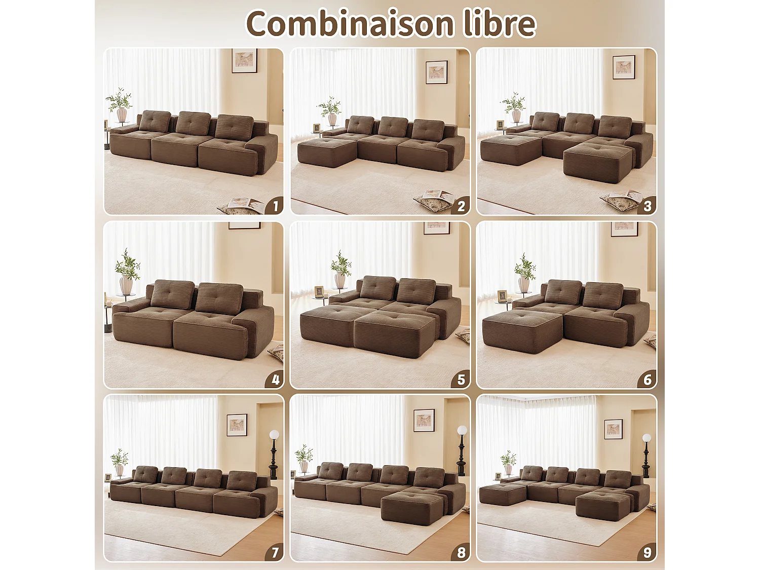 Modulaire Bank 4-zits in Ribfluweel, met 4 kussens, 382x104x69cm, Bruin