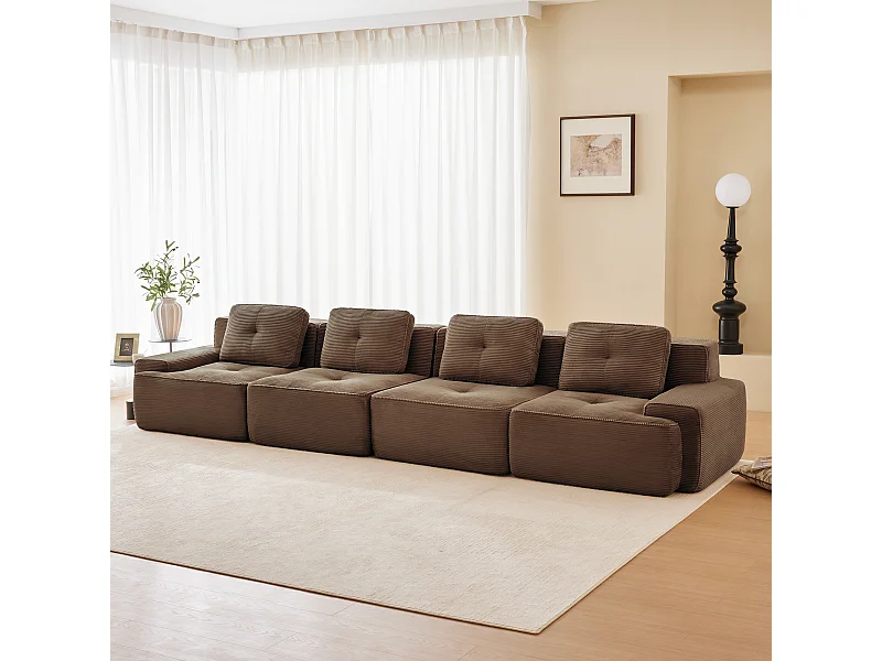 Canapé Modulable 4 places en Velours côtelé, avec 4 coussins, 382x104x69cm, Marron