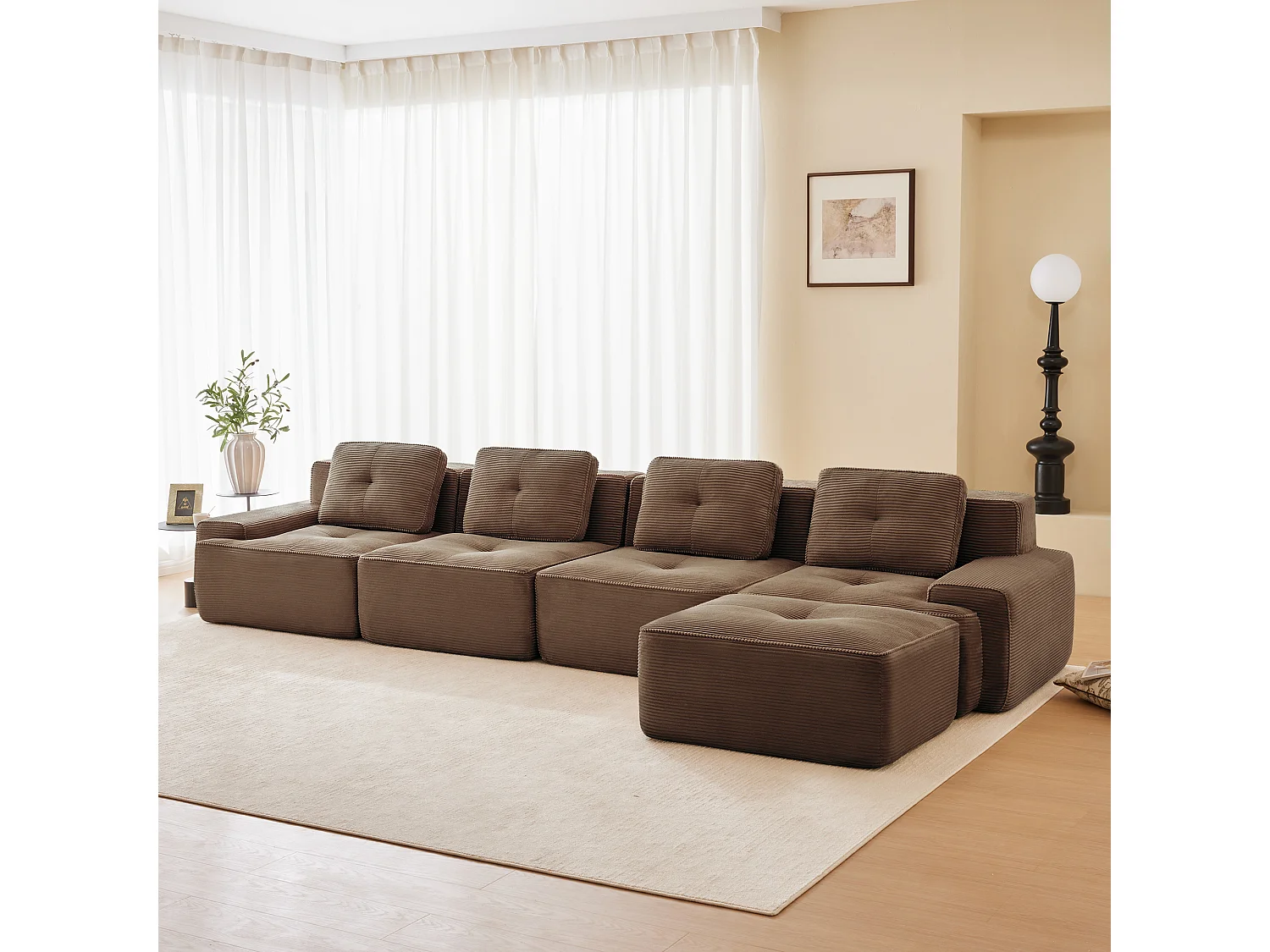 Modulaire Bank 4-zits in Ribfluweel, met poef en 4 kussens, 382x177x69cm, Bruin