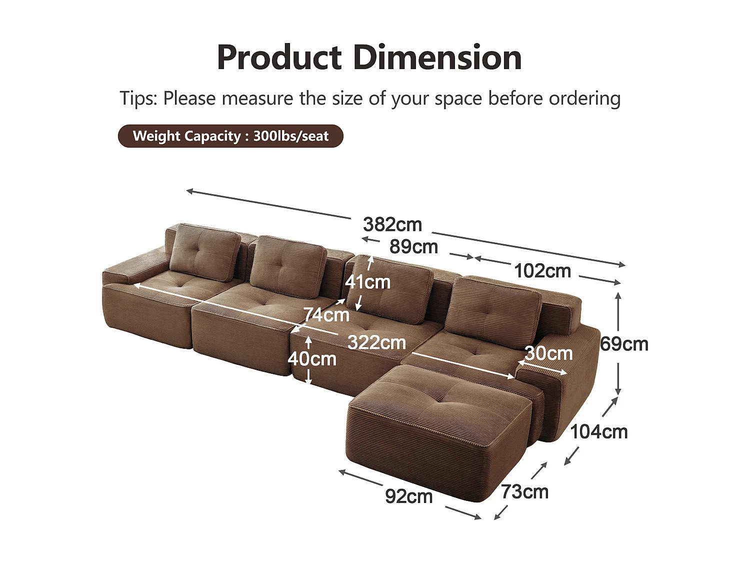 Modulaire Bank 4-zits in Ribfluweel, met poef en 4 kussens, 382x177x69cm, Bruin