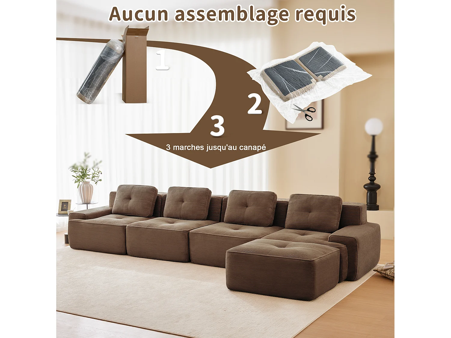 Modulaire Bank 4-zits in Ribfluweel, met poef en 4 kussens, 382x177x69cm, Bruin