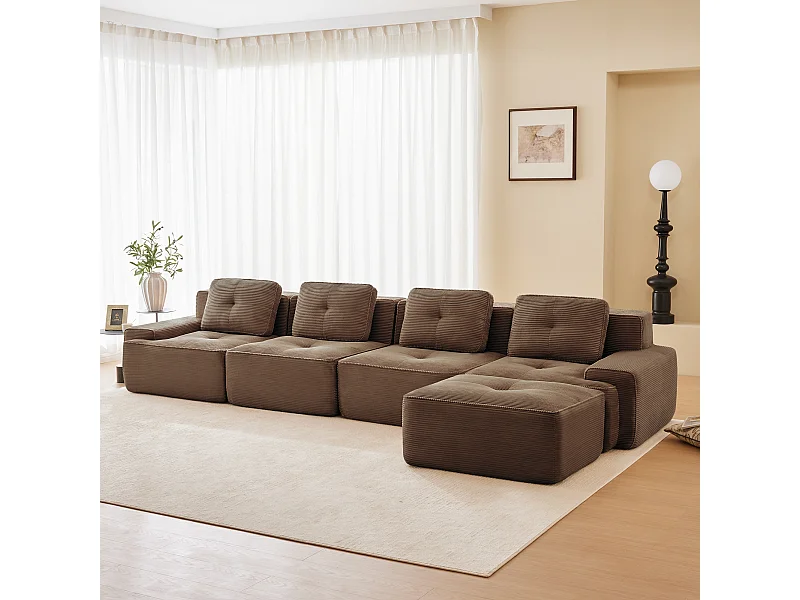 Canapé Modulable 4 places en Velours côtelé, avec pouf et 4 coussins, 382x177x69cm, Marron